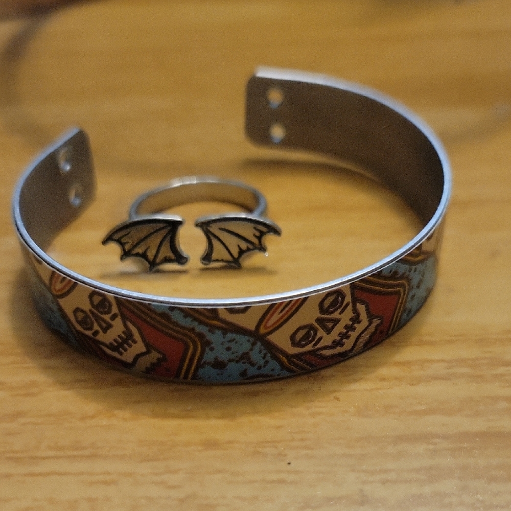 Skull Bracelet and Bat Ring